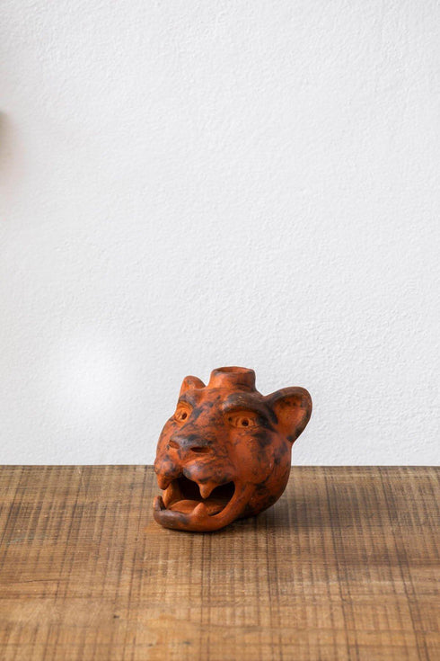 Jaguar Head Clay Candle Holder | Smoked Brick